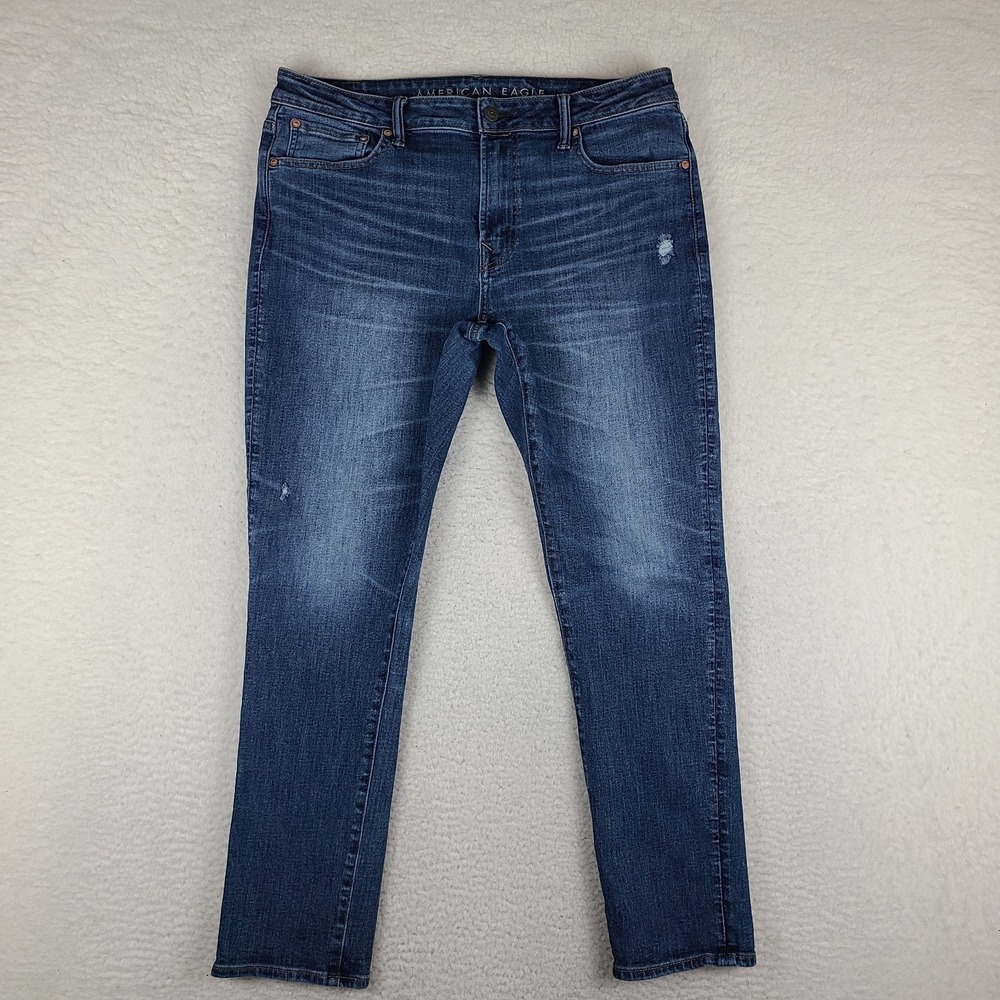 American Eagle Jeans Mens 36x32 Blue Athletic Skinny Distress Airflex+ Temp Tech